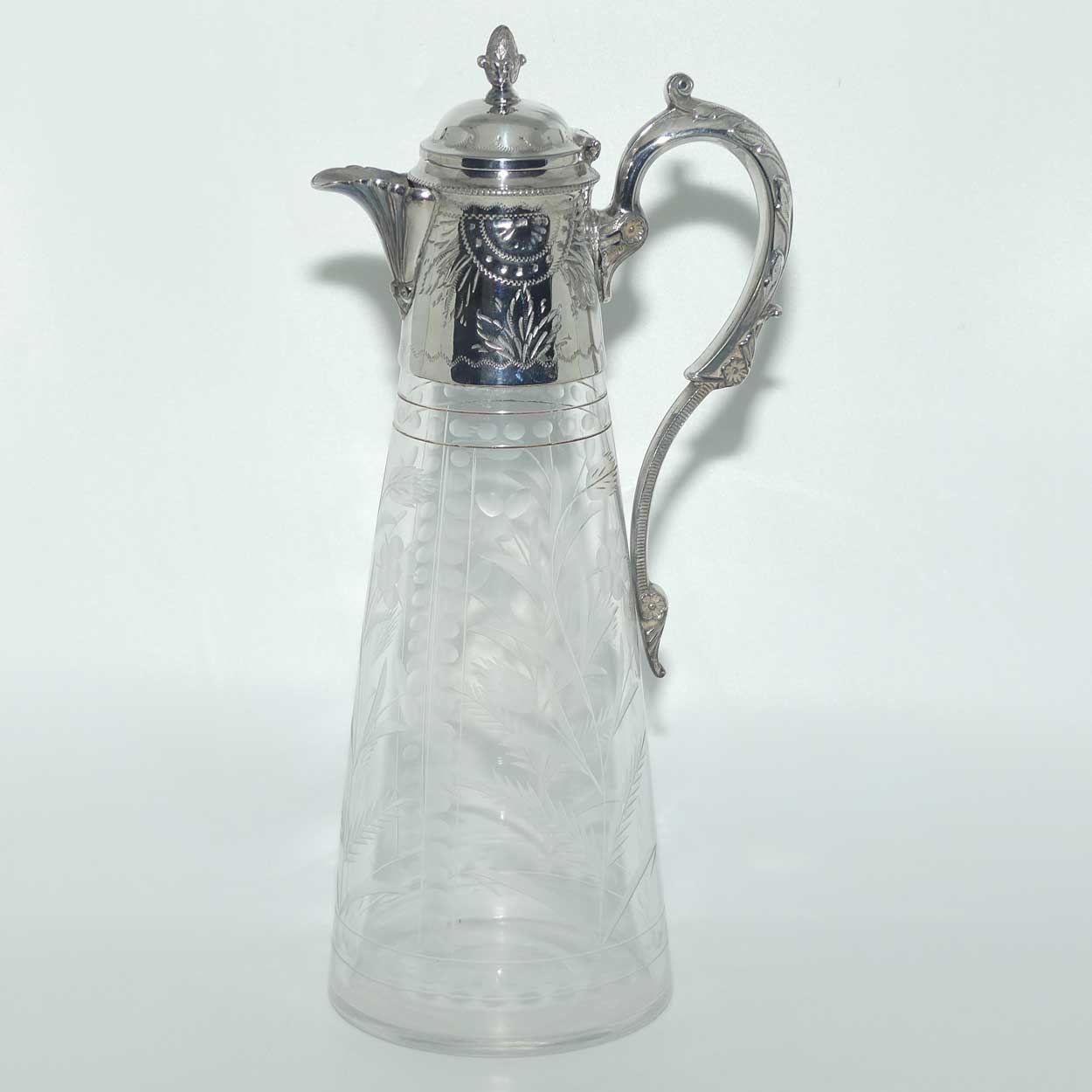 Late Victorian narrow etched claret jug with plated mounts