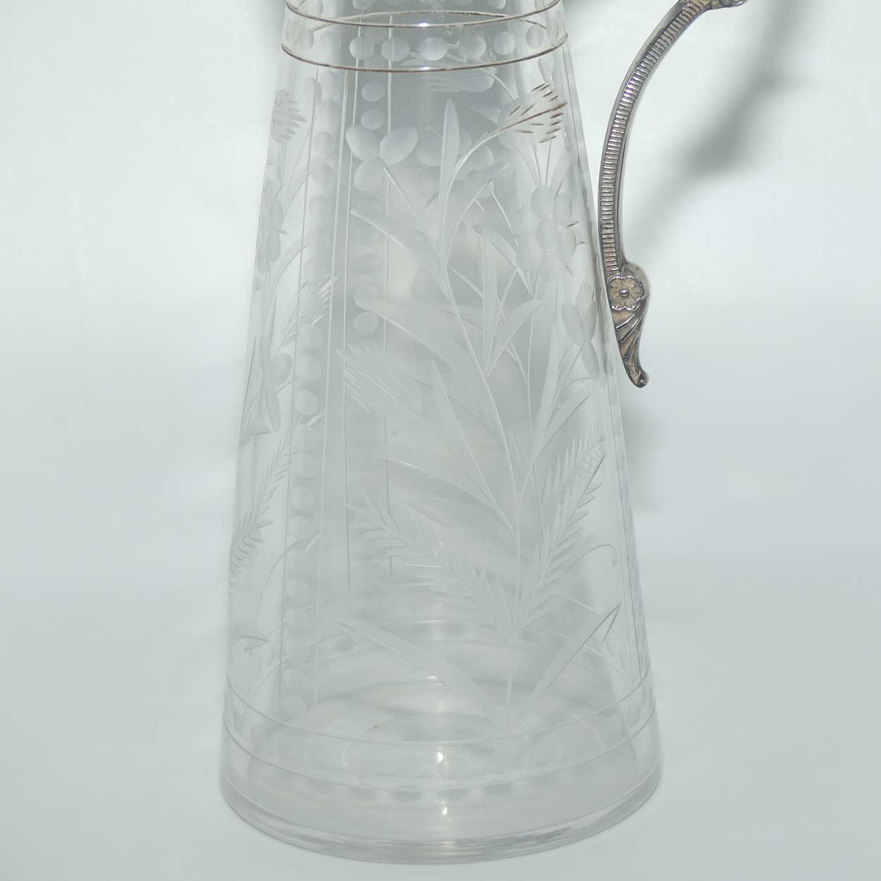 Late Victorian narrow etched claret jug with plated mounts