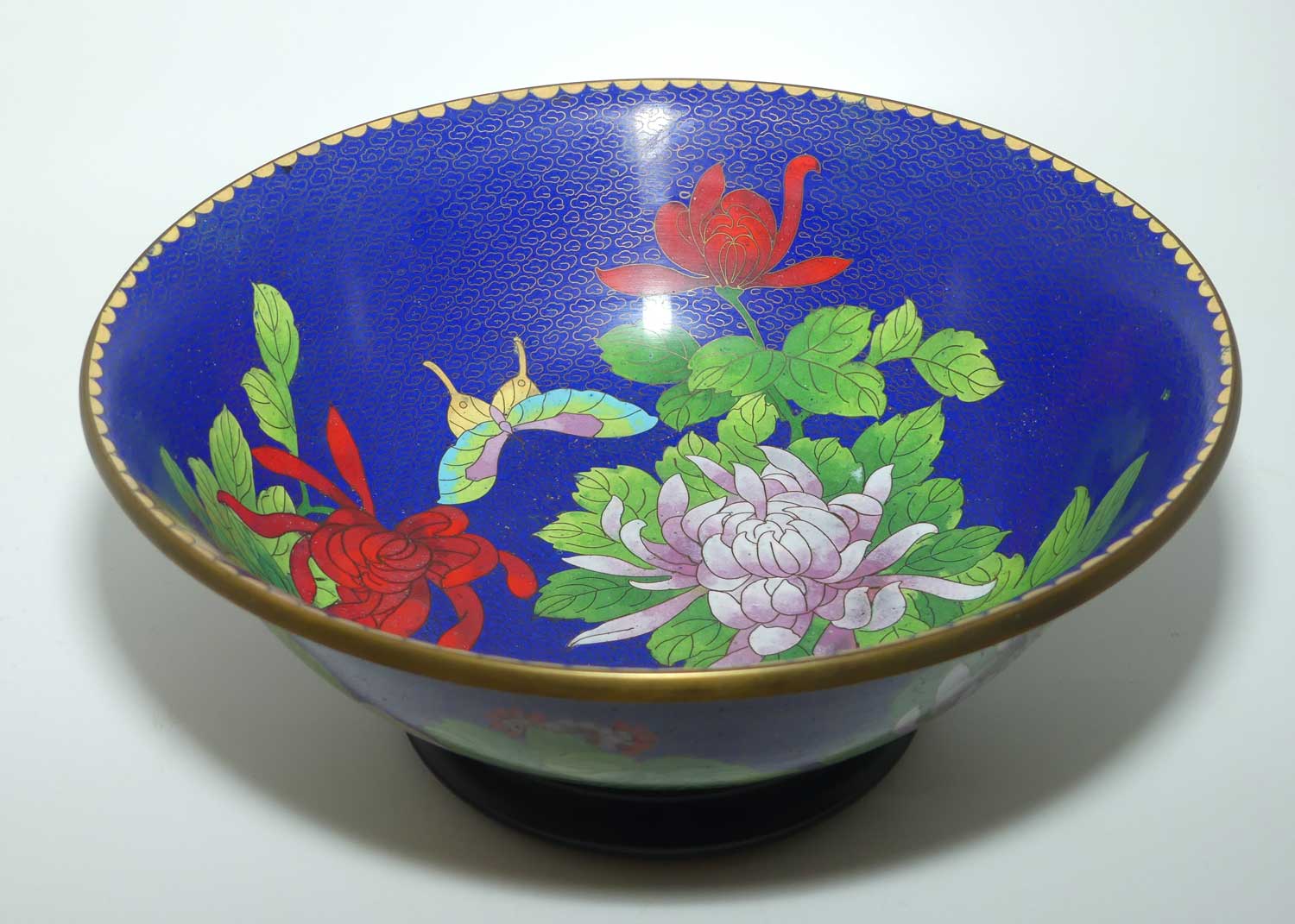 Mid Century large Chinese Cloisonne bowl on wooden stand | Blue | Lotus and Butterfly