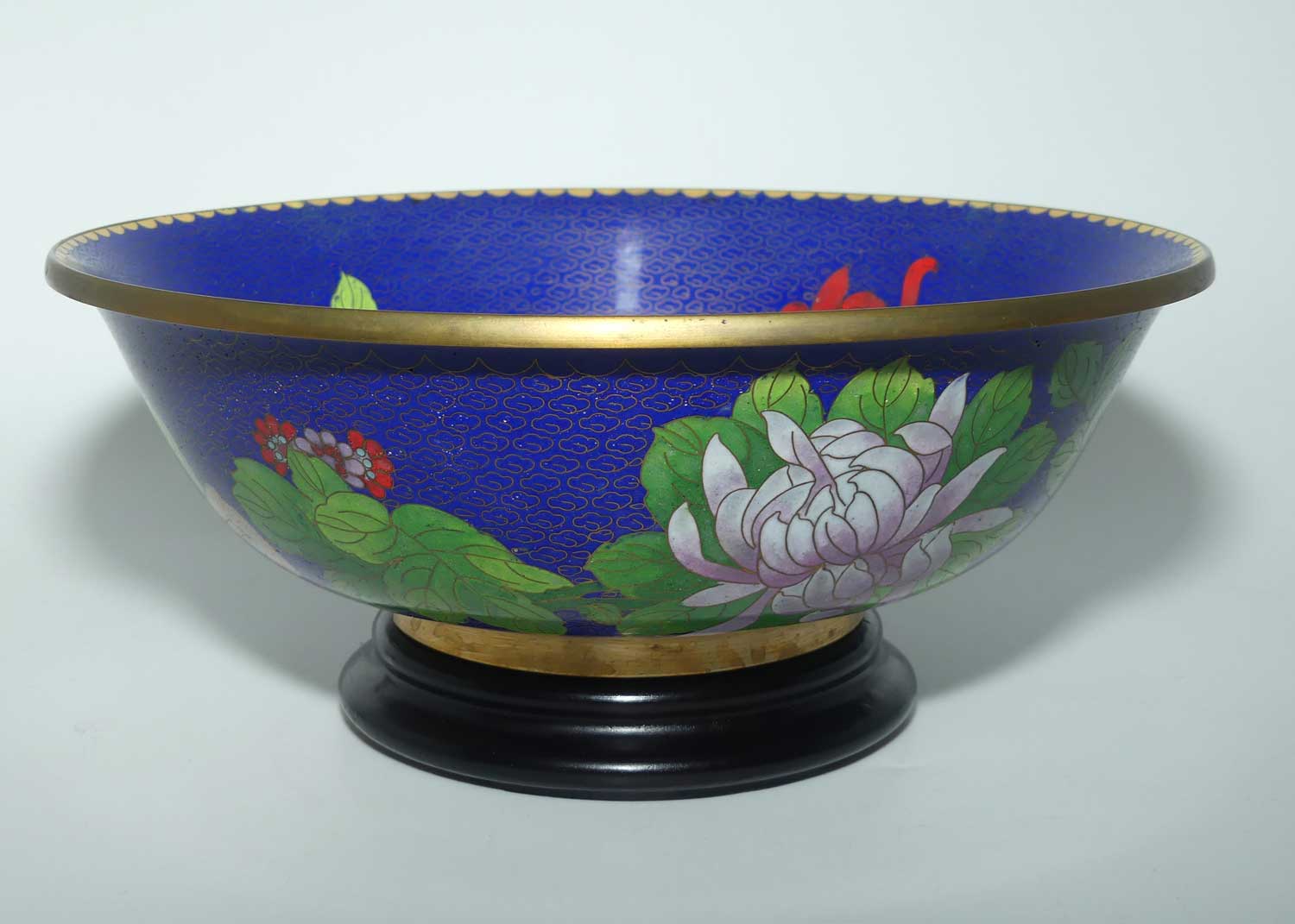 Mid Century large Chinese Cloisonne bowl on wooden stand | Blue | Lotus and Butterfly