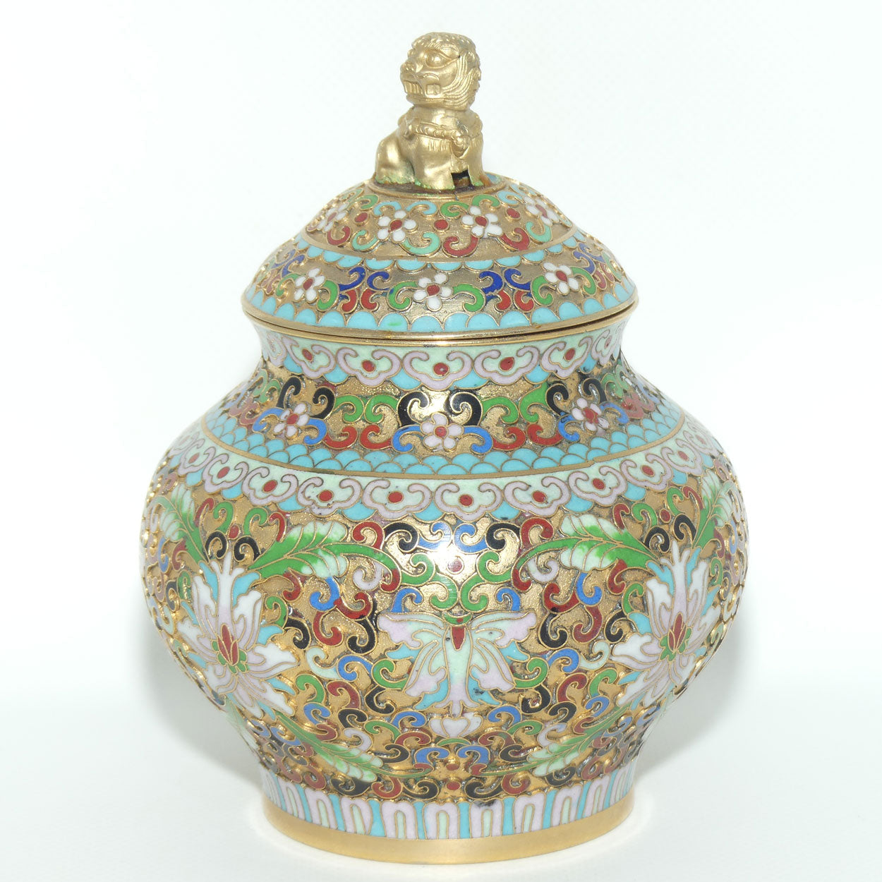 Mid Century Cloisonne on Brass Lidded Pot | Temple Dog Finial