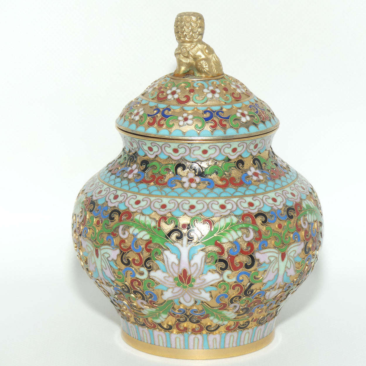 Mid Century Cloisonne on Brass Lidded Pot | Temple Dog Finial