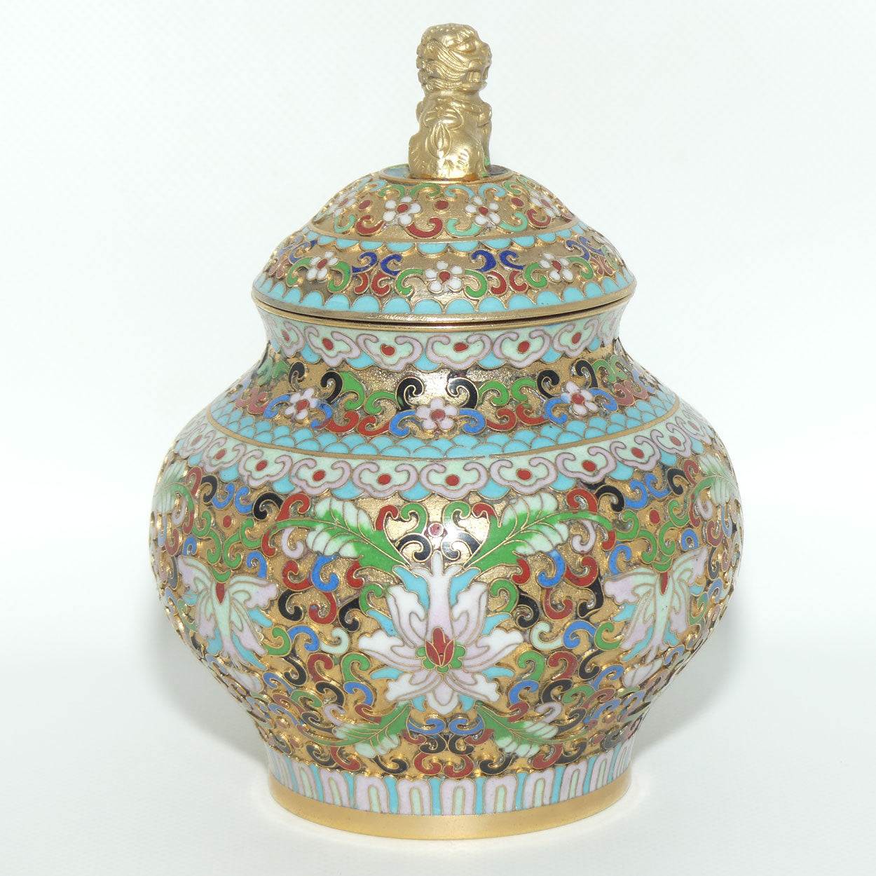 Mid Century Cloisonne on Brass Lidded Pot | Temple Dog Finial