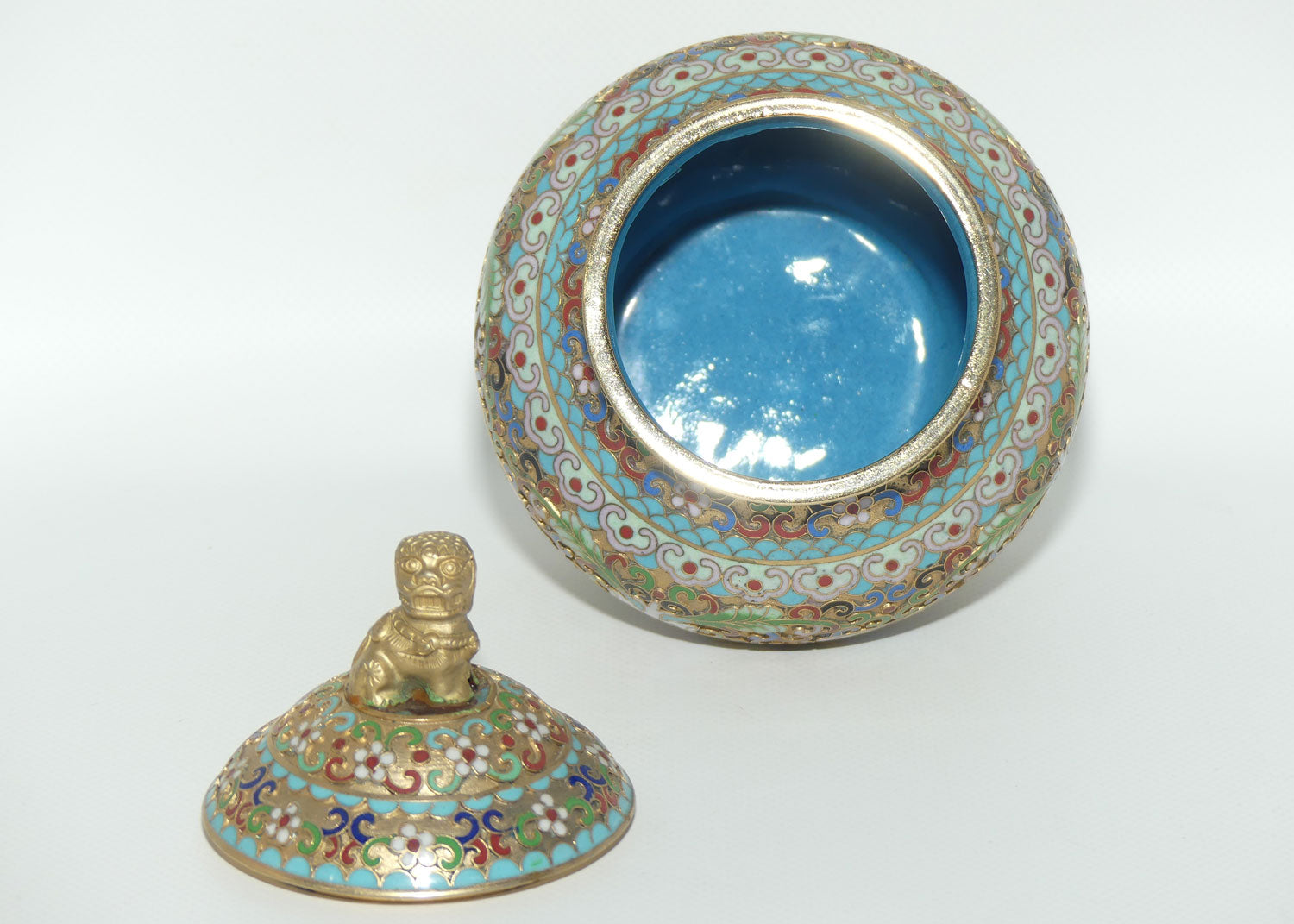 Mid Century Cloisonne on Brass Lidded Pot | Temple Dog Finial