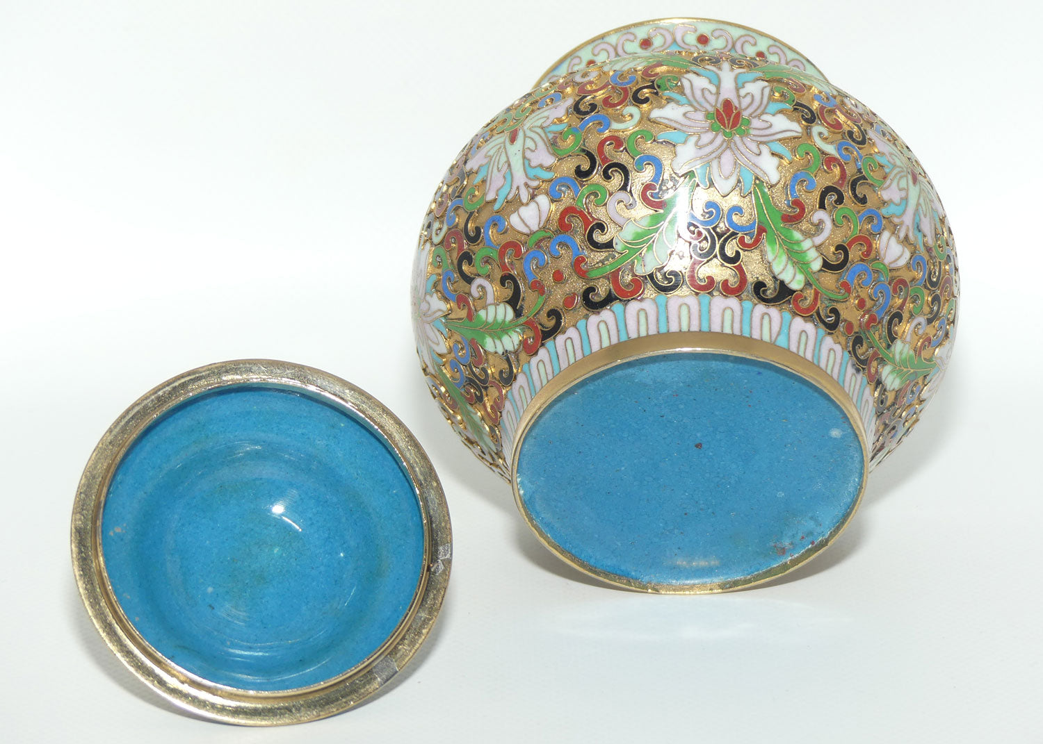 Mid Century Cloisonne on Brass Lidded Pot | Temple Dog Finial