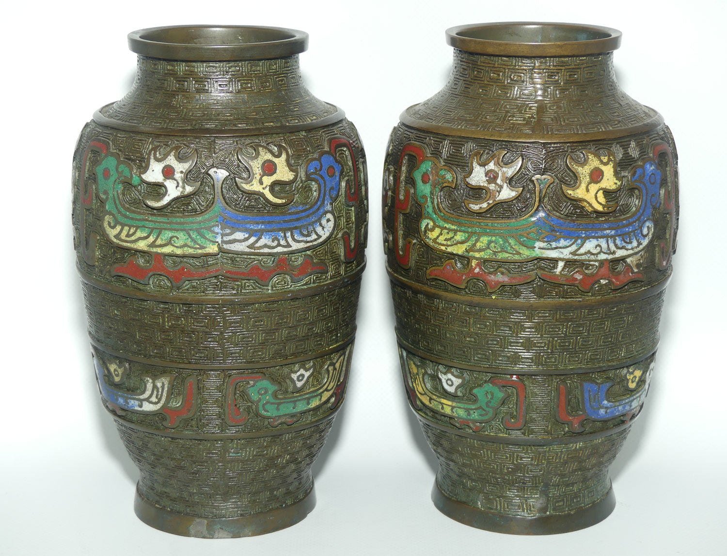 Pair of Japanese Champleve Cloisonne Enamel on Bronze pair of vases
