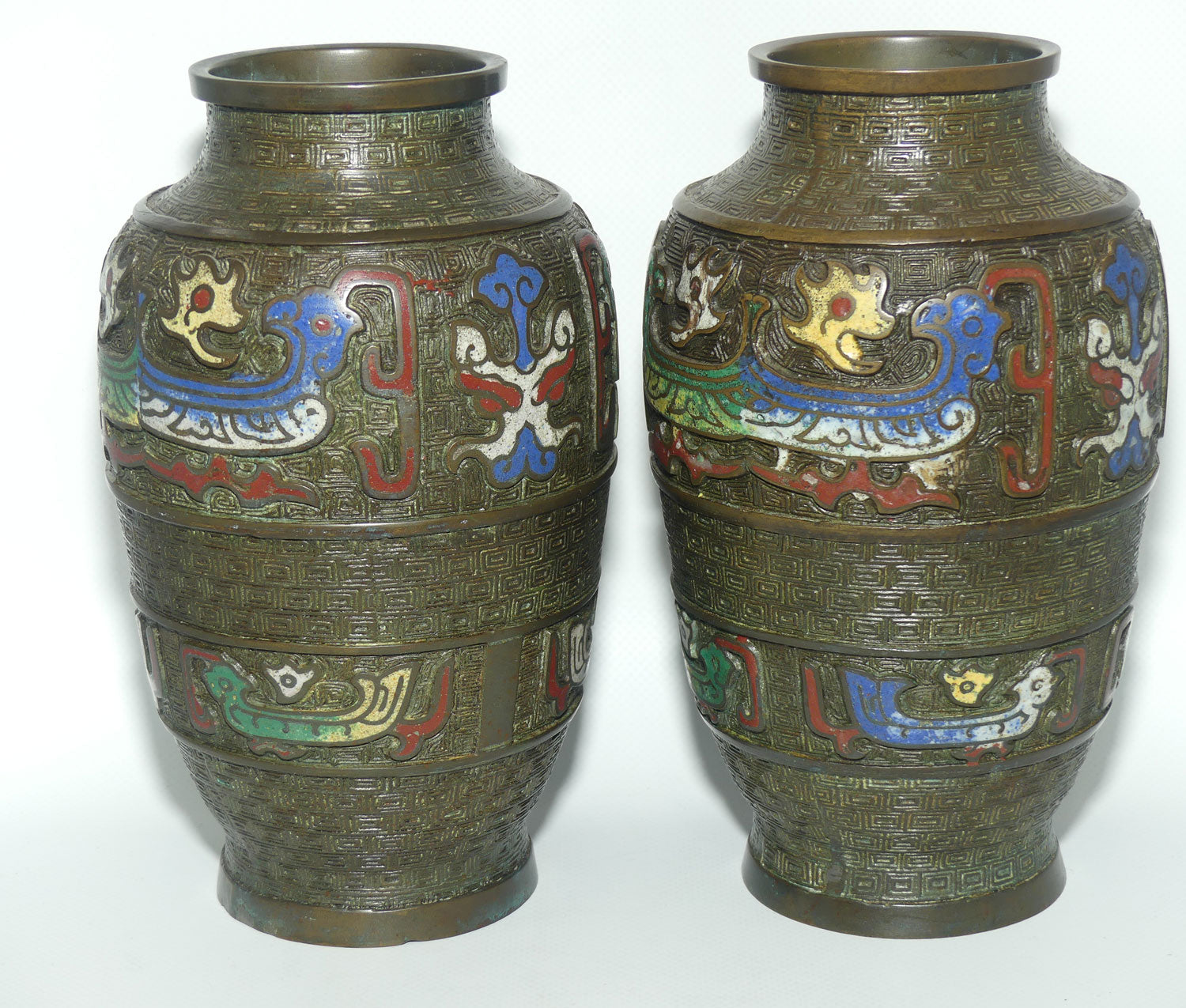 Pair of Japanese Champleve Cloisonne Enamel on Bronze pair of vases