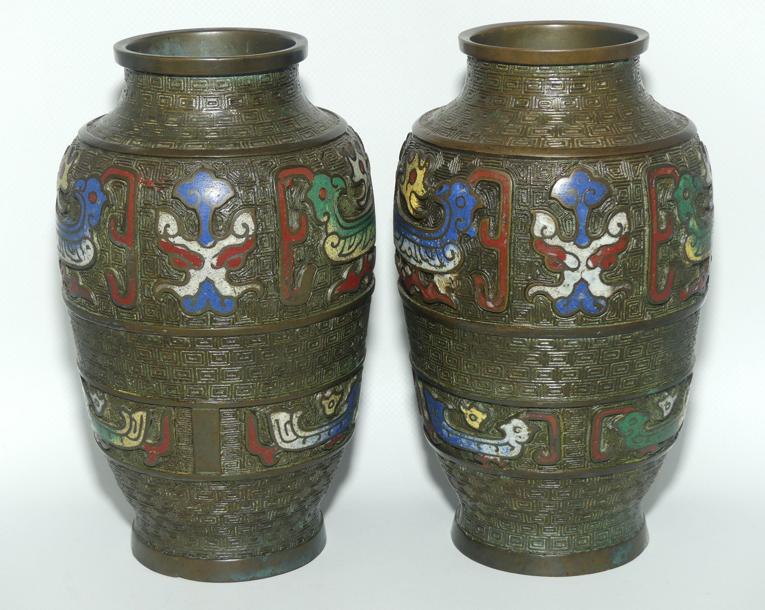 Pair of Japanese Champleve Cloisonne Enamel on Bronze pair of vases