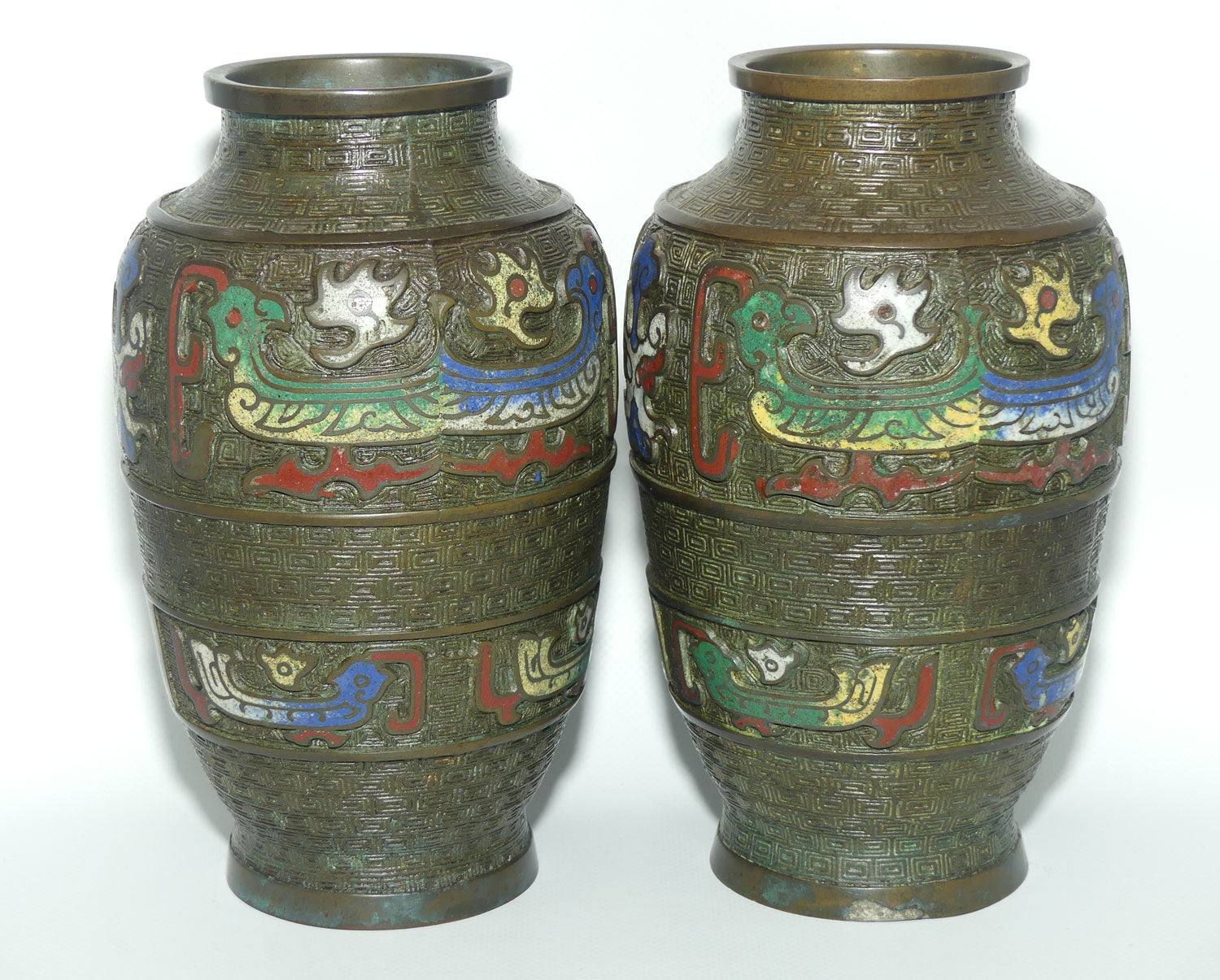Pair of Japanese Champleve Cloisonne Enamel on Bronze pair of vases