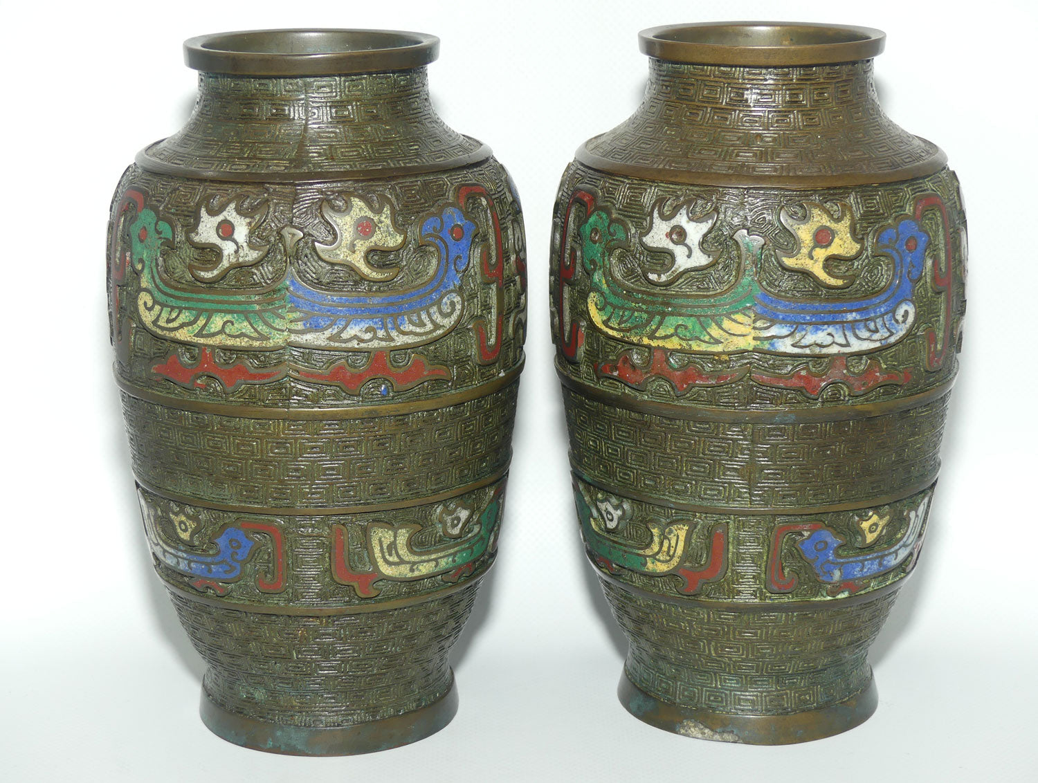 Pair of Japanese Champleve Cloisonne Enamel on Bronze pair of vases