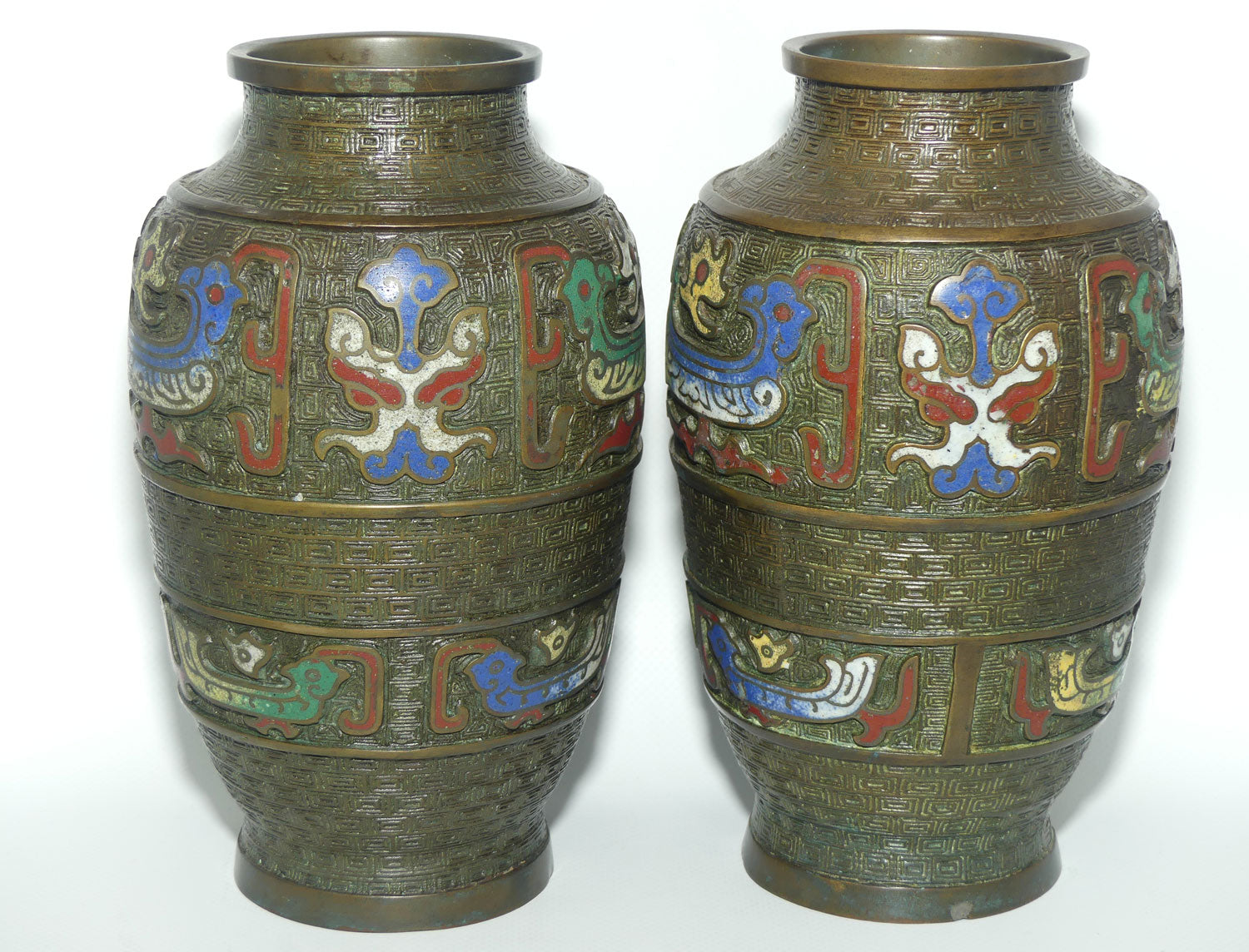 Pair of Japanese Champleve Cloisonne Enamel on Bronze pair of vases