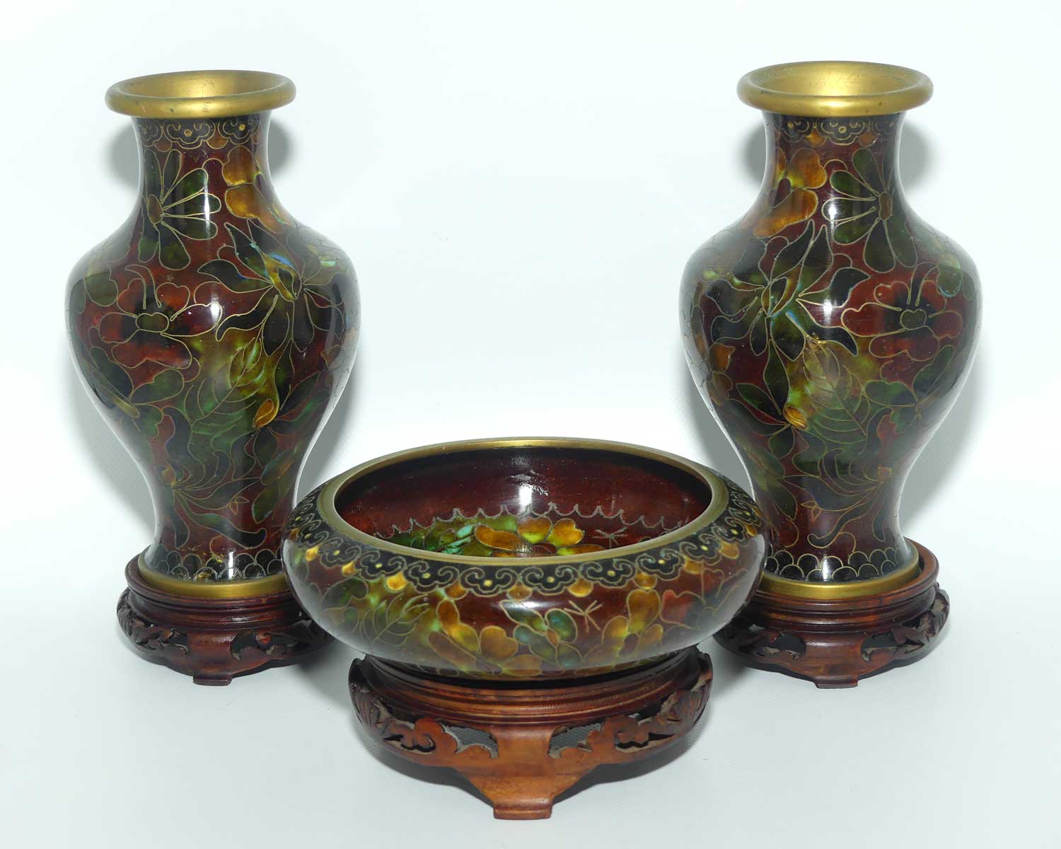 Mid Century Cloisonne Garniture set | Pair of Vases and Bowl | Wooden Stands