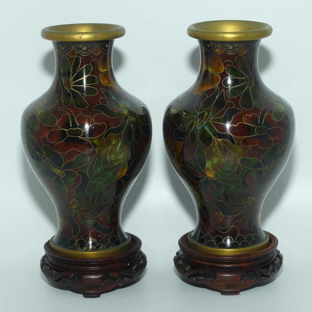 Mid Century Cloisonne Garniture set | Pair of Vases and Bowl | Wooden Stands