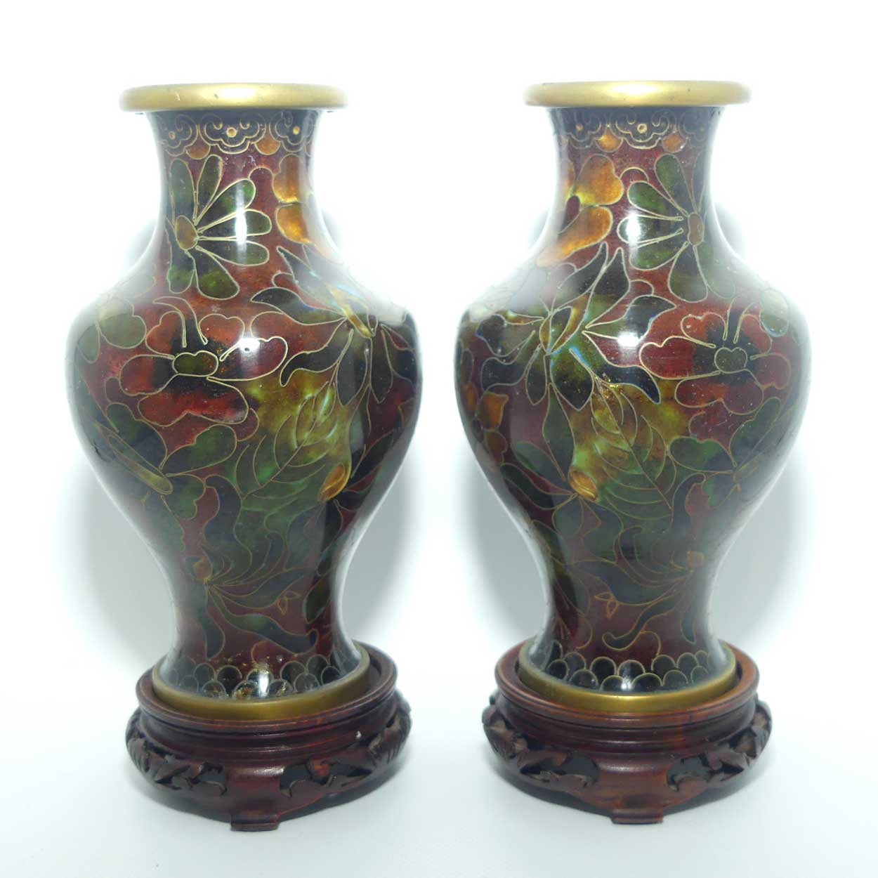 Mid Century Cloisonne Garniture set | Pair of Vases and Bowl | Wooden Stands