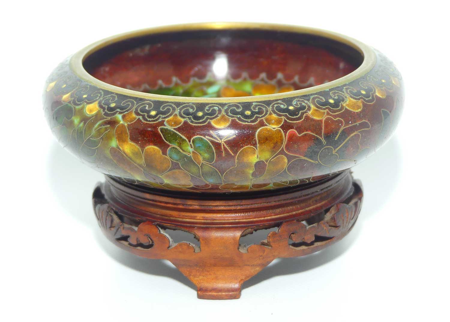 Mid Century Cloisonne Garniture set | Pair of Vases and Bowl | Wooden Stands