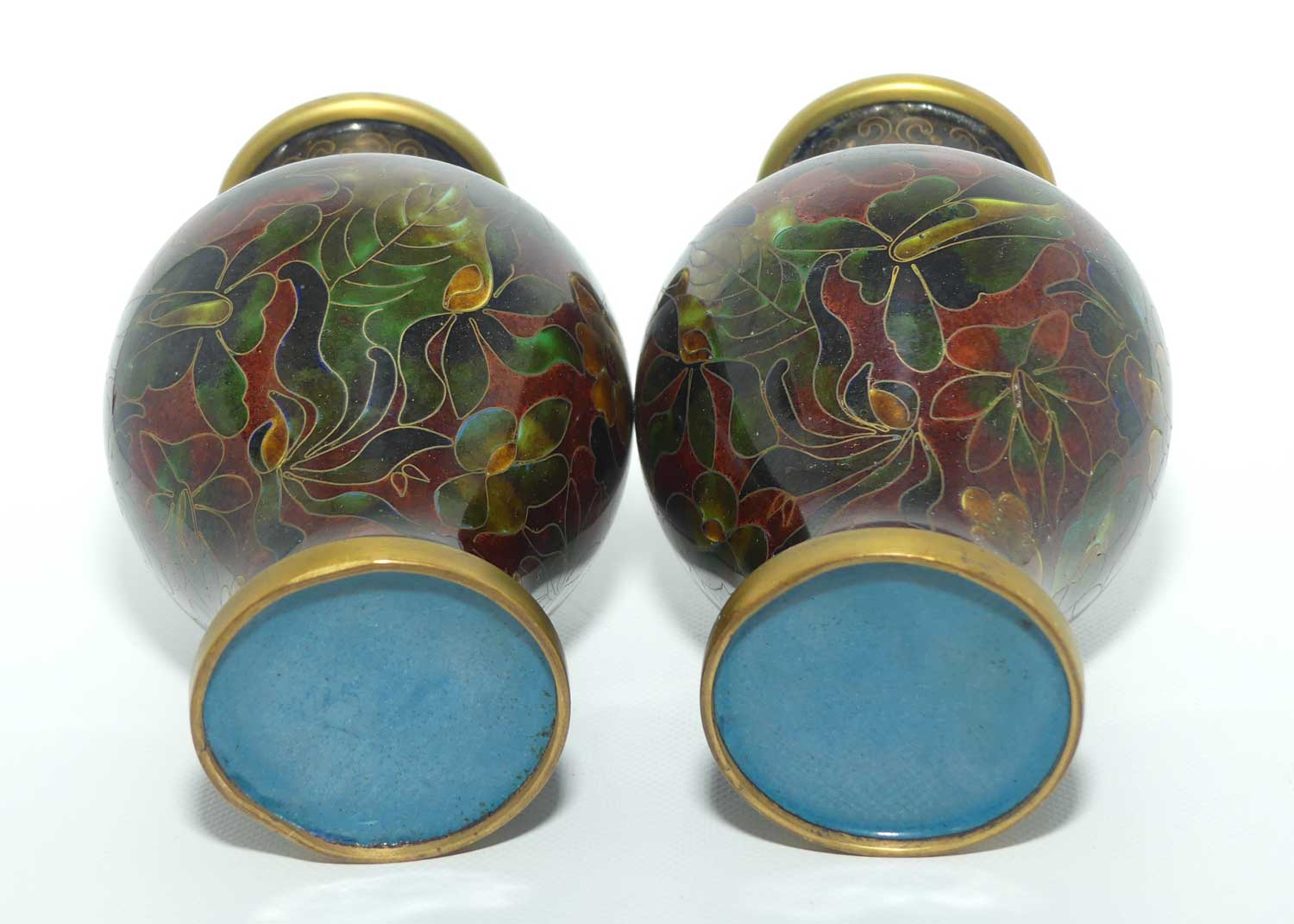 Mid Century Cloisonne Garniture set | Pair of Vases and Bowl | Wooden Stands