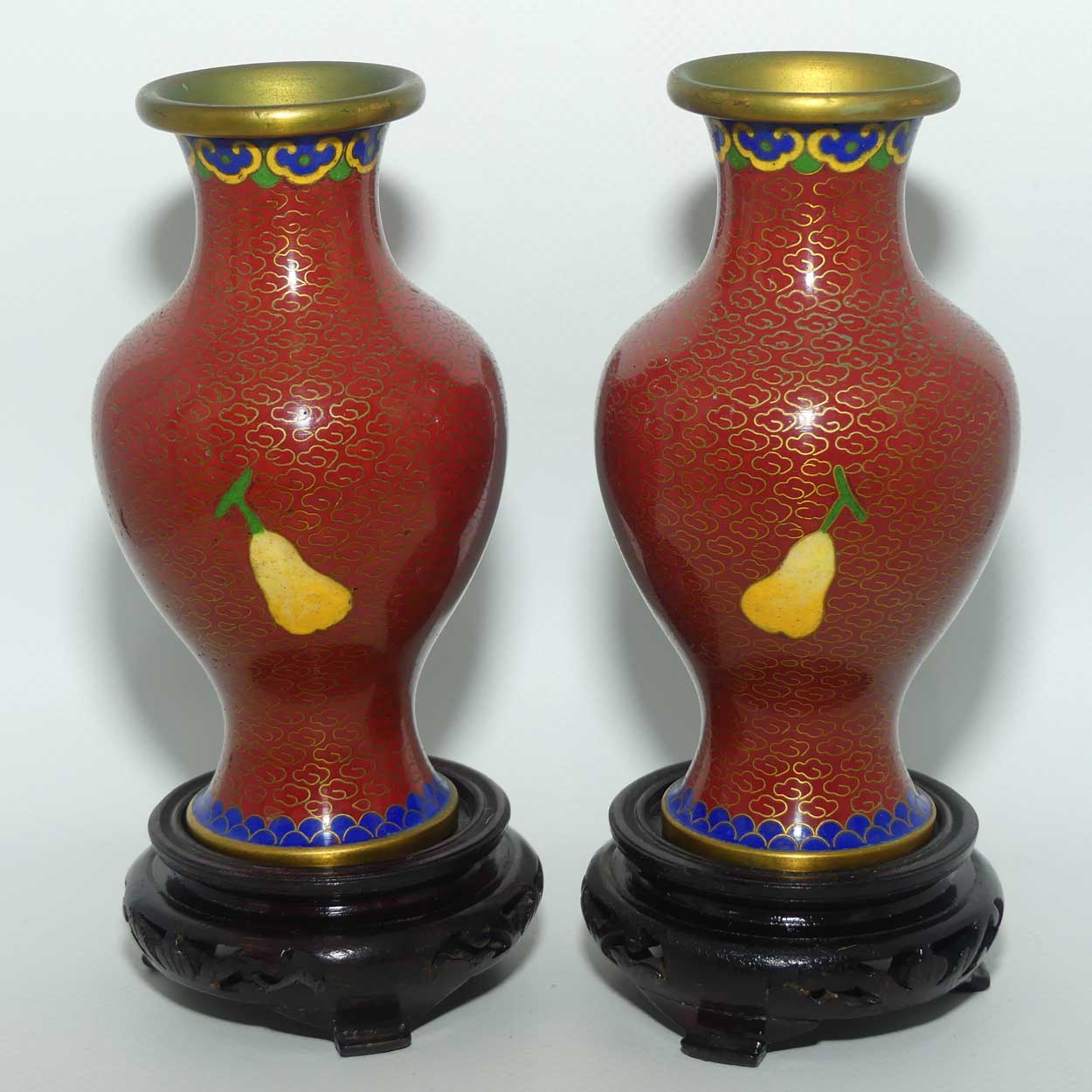 Mid Century Cloisonne pair of Vases on Stands | Iron Red | Flowers in Urns
