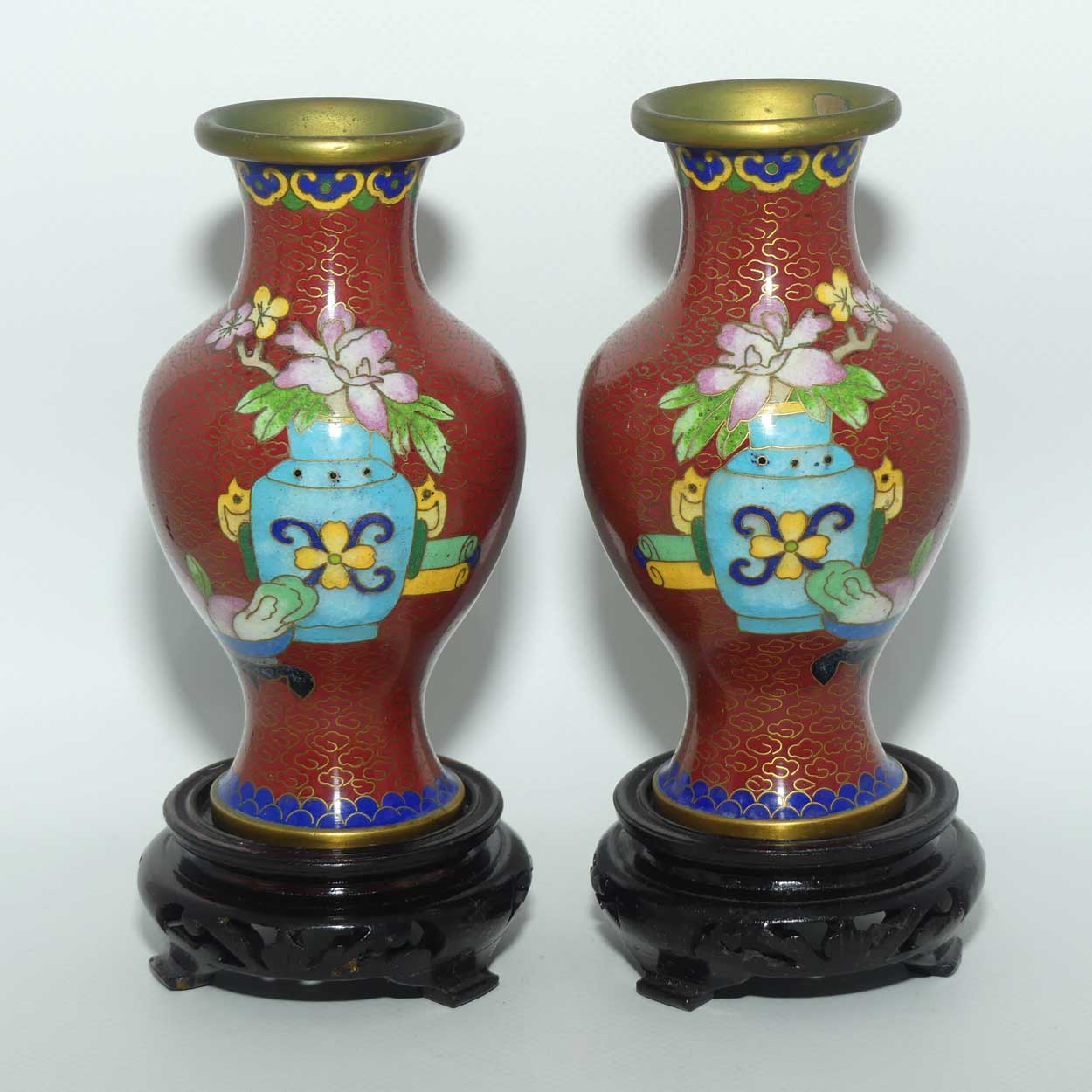 Mid Century Cloisonne pair of Vases on Stands | Iron Red | Flowers in Urns