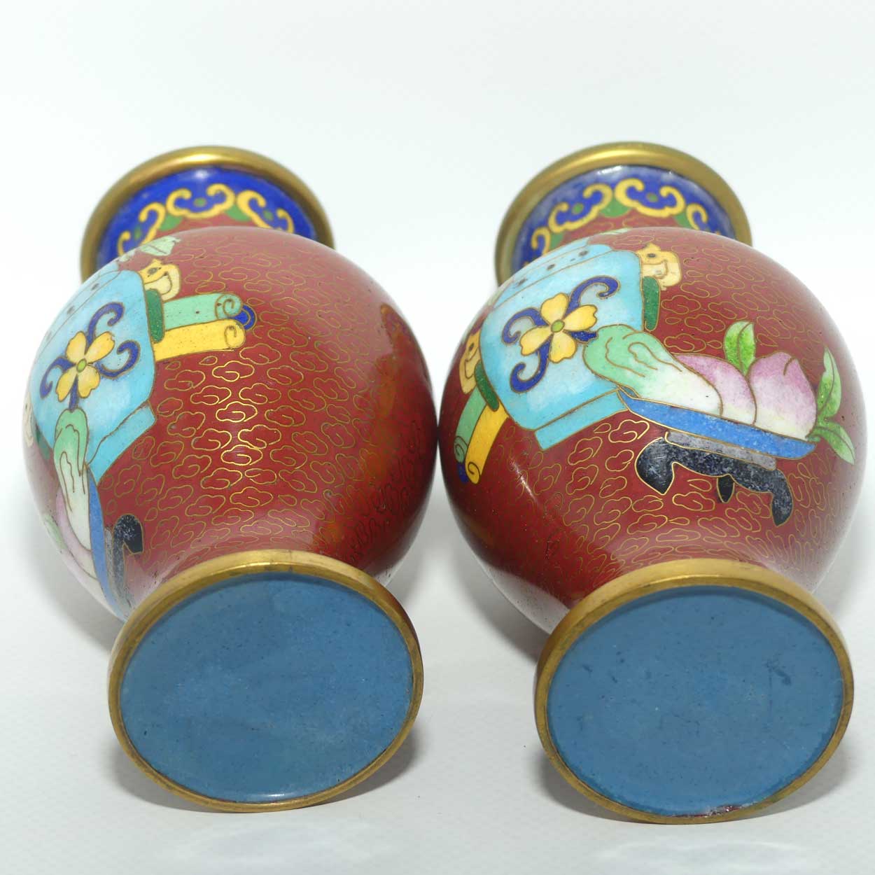 Mid Century Cloisonne pair of Vases on Stands | Iron Red | Flowers in Urns