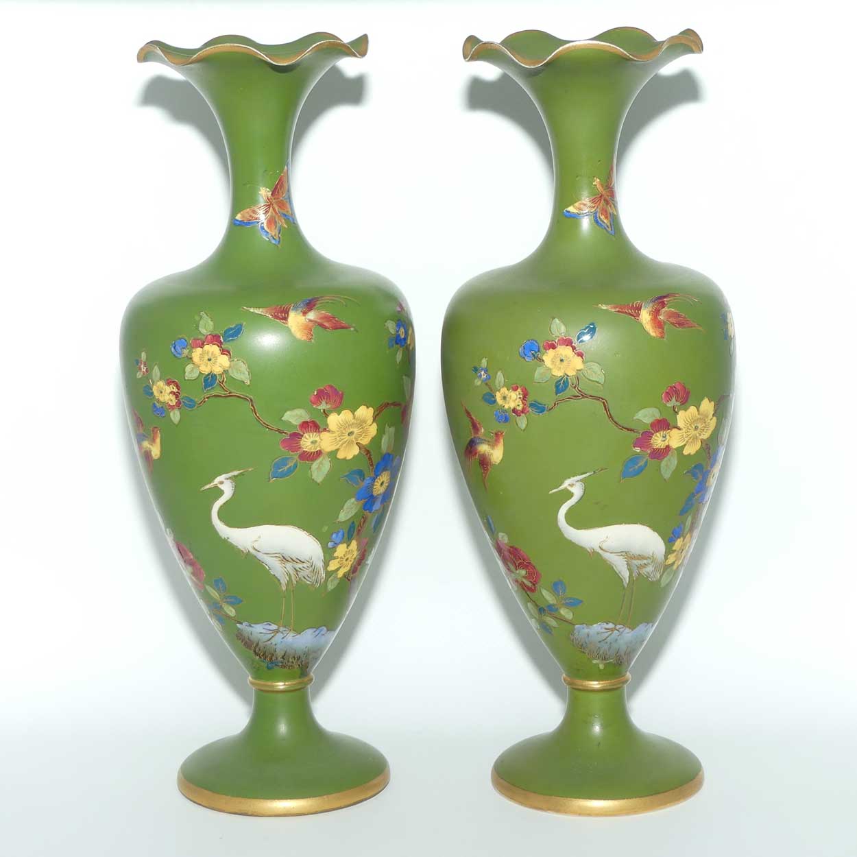W & R Carlton Ware pair of vases | Cloisonne Ware in Jade depicting Storks | 722