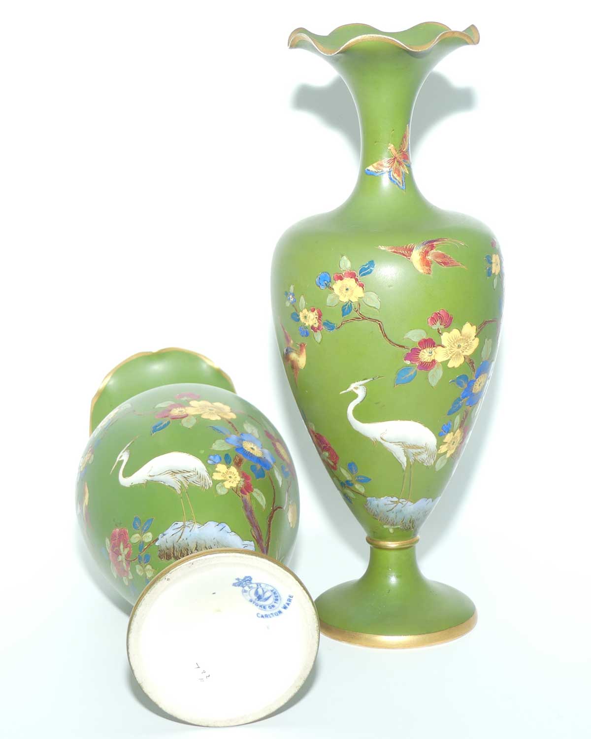 W & R Carlton Ware pair of vases | Cloisonne Ware in Jade depicting Storks | 722