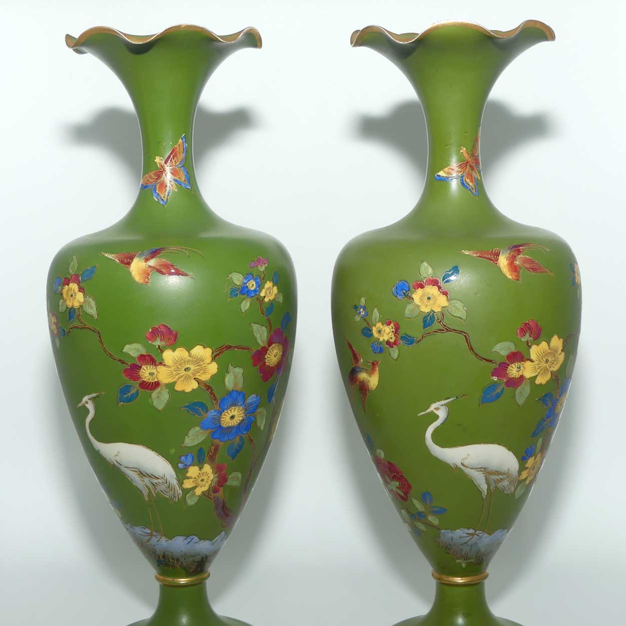 W & R Carlton Ware pair of vases | Cloisonne Ware in Jade depicting Storks | 722