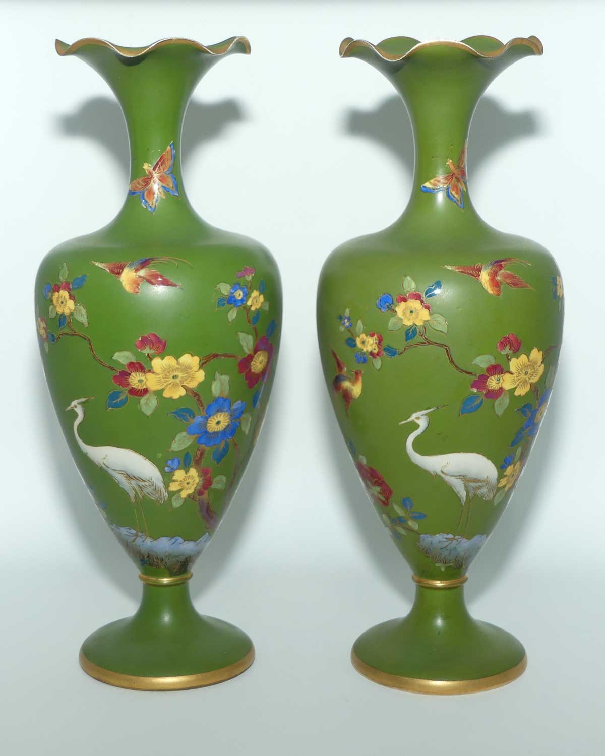 W & R Carlton Ware pair of vases | Cloisonne Ware in Jade depicting Storks | 722