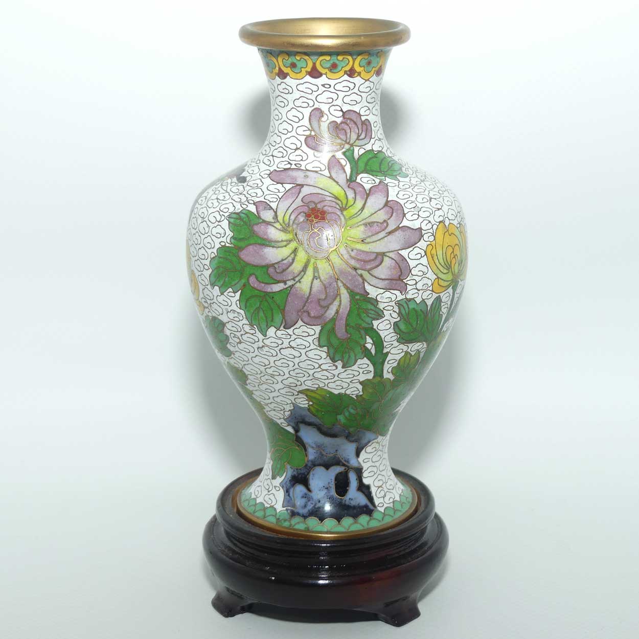 Mid Century Cloisonne vase on stand | White with Lotus Flower