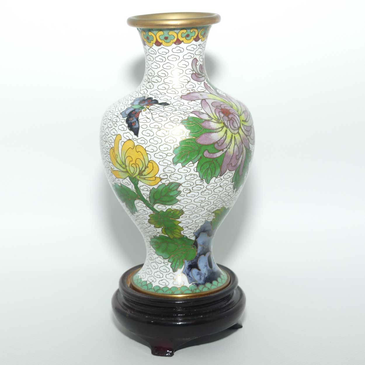 Mid Century Cloisonne vase on stand | White with Lotus Flower