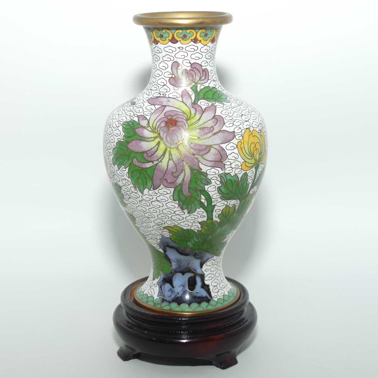 Mid Century Cloisonne vase on stand | White with Lotus Flower