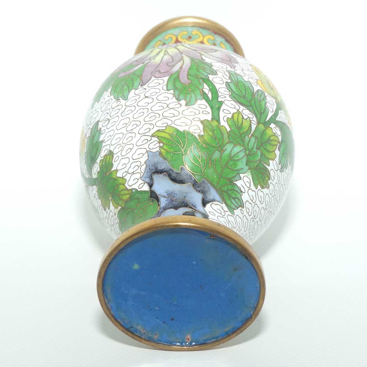 Mid Century Cloisonne vase on stand | White with Lotus Flower