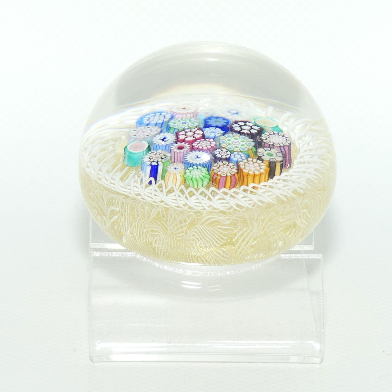 John Deacons Scotland Closepack Millefiori Torsade on Cream Medium paperweight