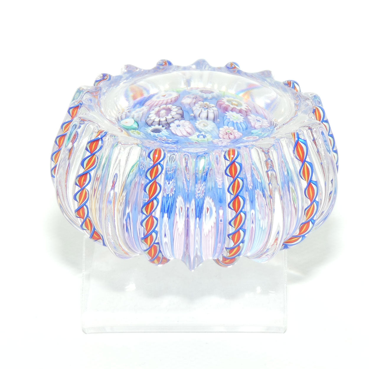 John Deacons Scotland Closepack Millefiori paperweight | Latticino Twist Edge | Blue