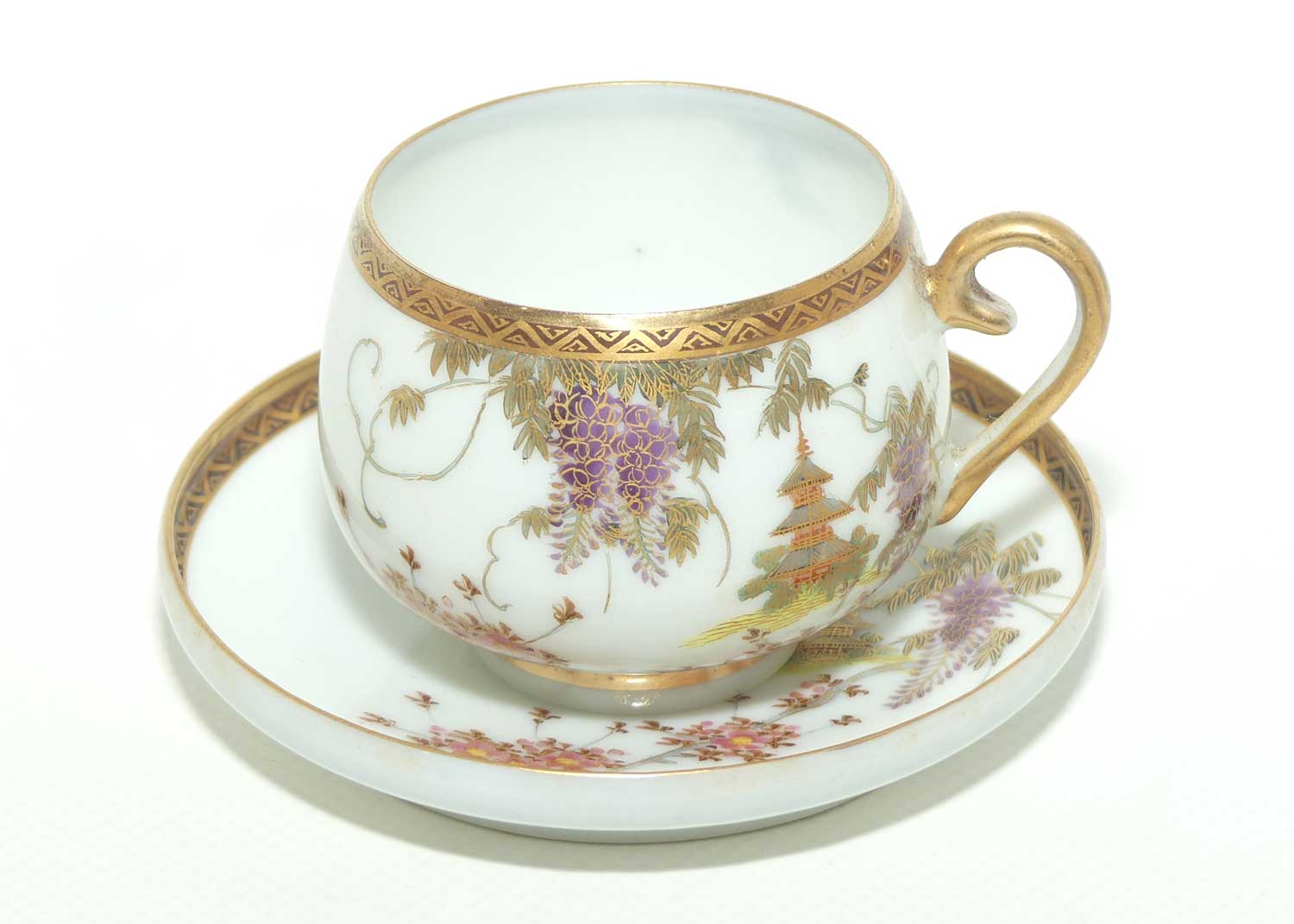 Japanese Eggshell China pair of duos decorated with Pagoda and Wisteria