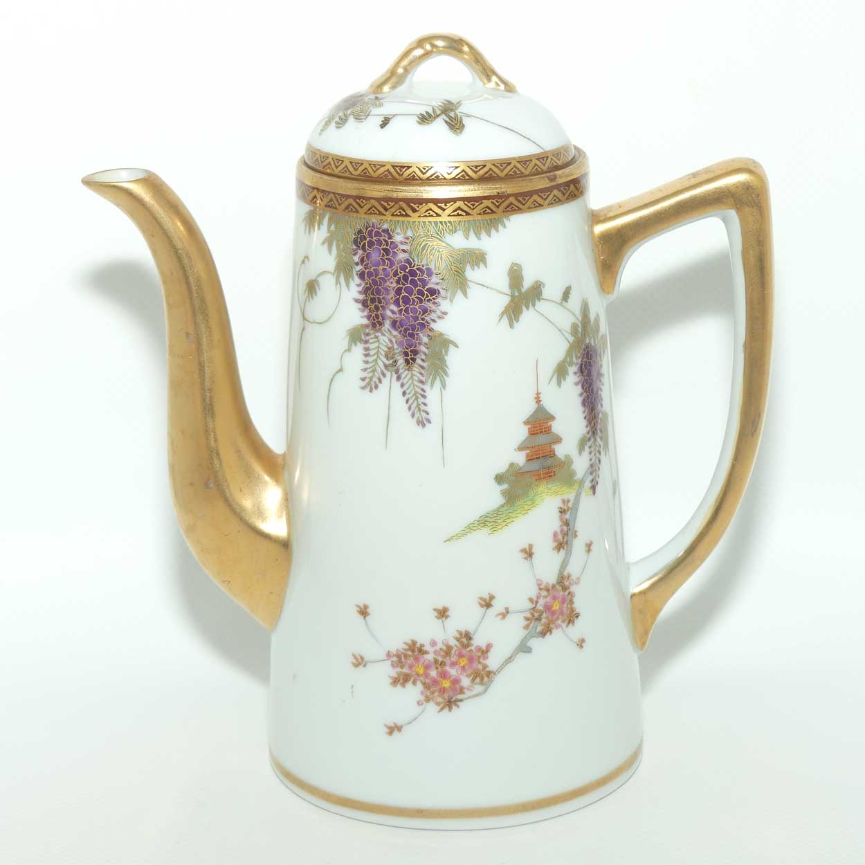 Japanese Eggshell China coffee pot decorated with Pagoda and Wisteria