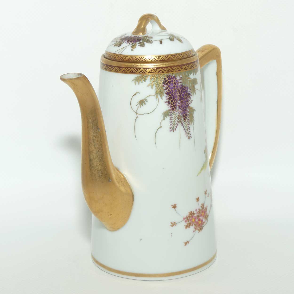 Japanese Eggshell China coffee pot decorated with Pagoda and Wisteria