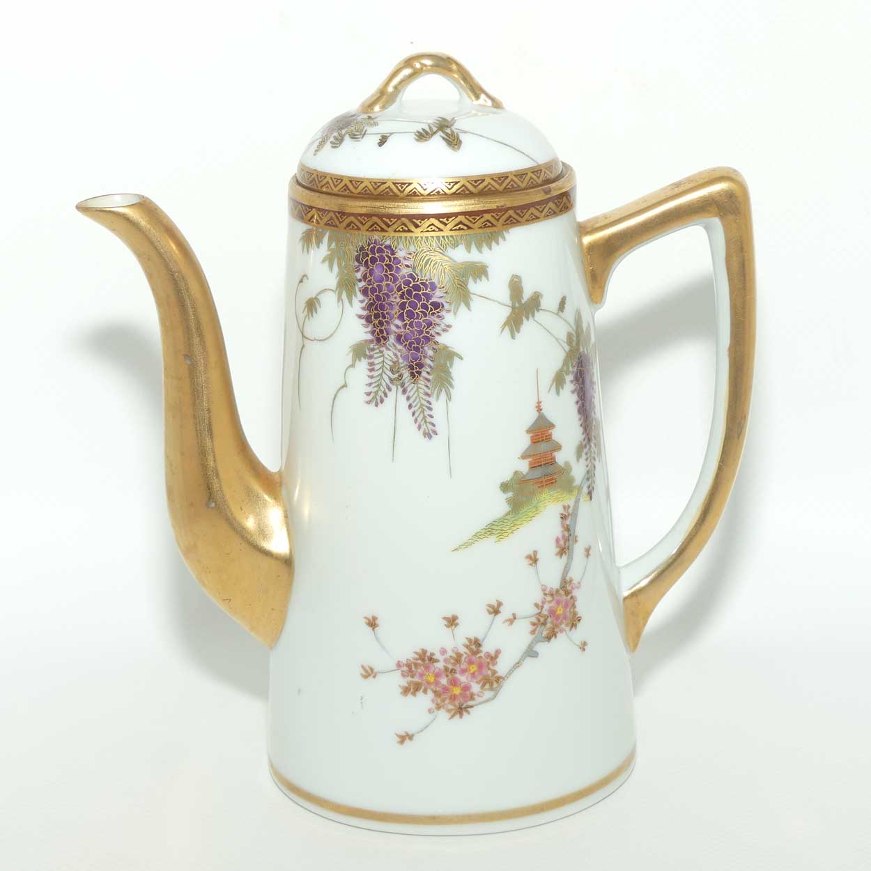 Japanese Eggshell China coffee pot decorated with Pagoda and Wisteria