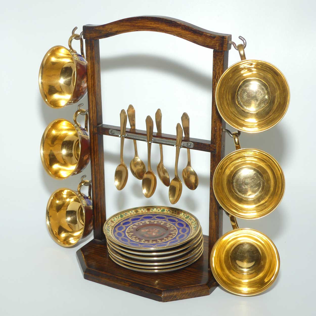 Josef Kuba Karlsbad superb gilt coffee set with Rembrandt style images + Oak Frame + spoons