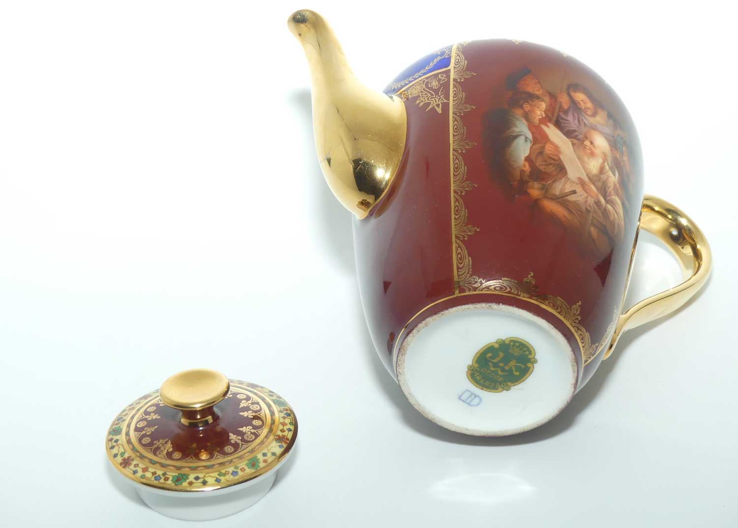 Josef Kuba Karlsbad superb gilt coffee set with Rembrandt style images + Oak Frame + spoons