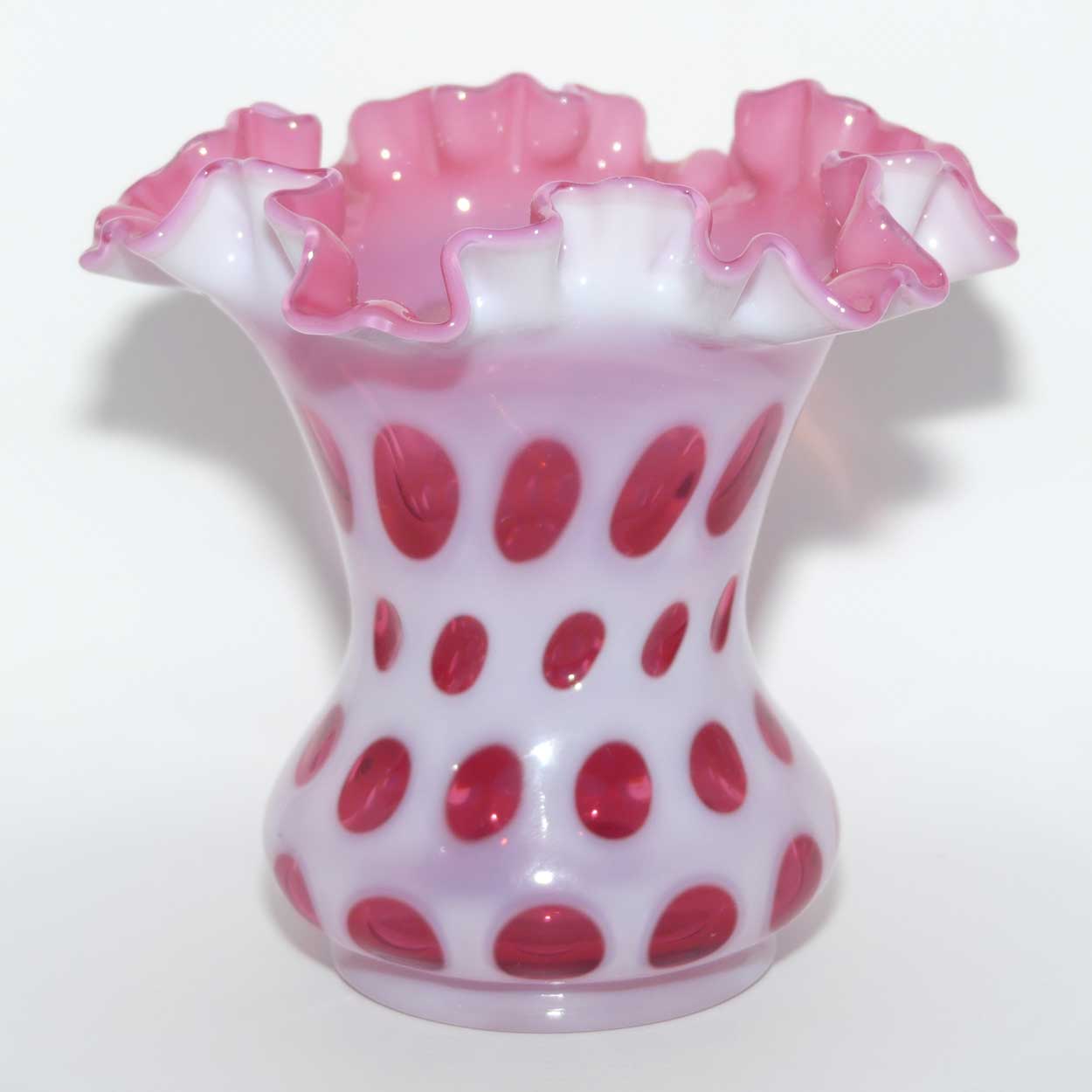 Vintage Fenton Glass Coin Dot Cranberry and Opalescent frilled rim vase