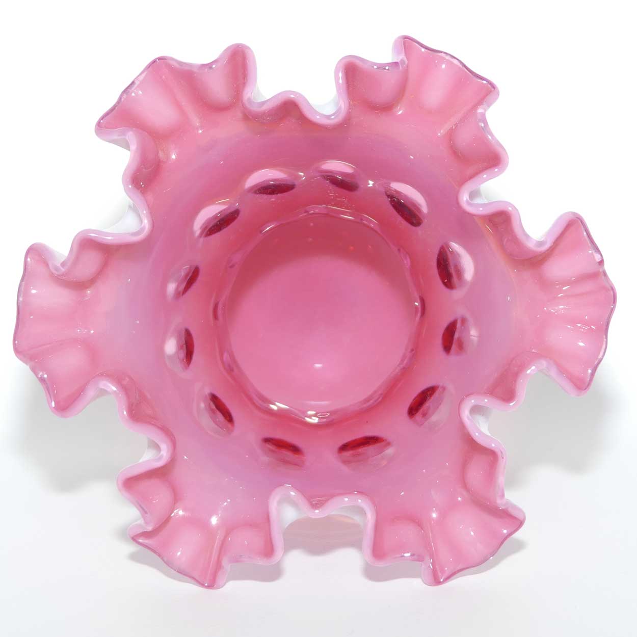 Vintage Fenton Glass Coin Dot Cranberry and Opalescent frilled rim vase