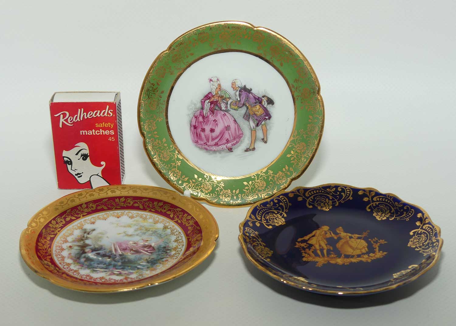 Limoges France small plate collection | 3 items | Green, Blue and Gold and Red | 9.5cms
