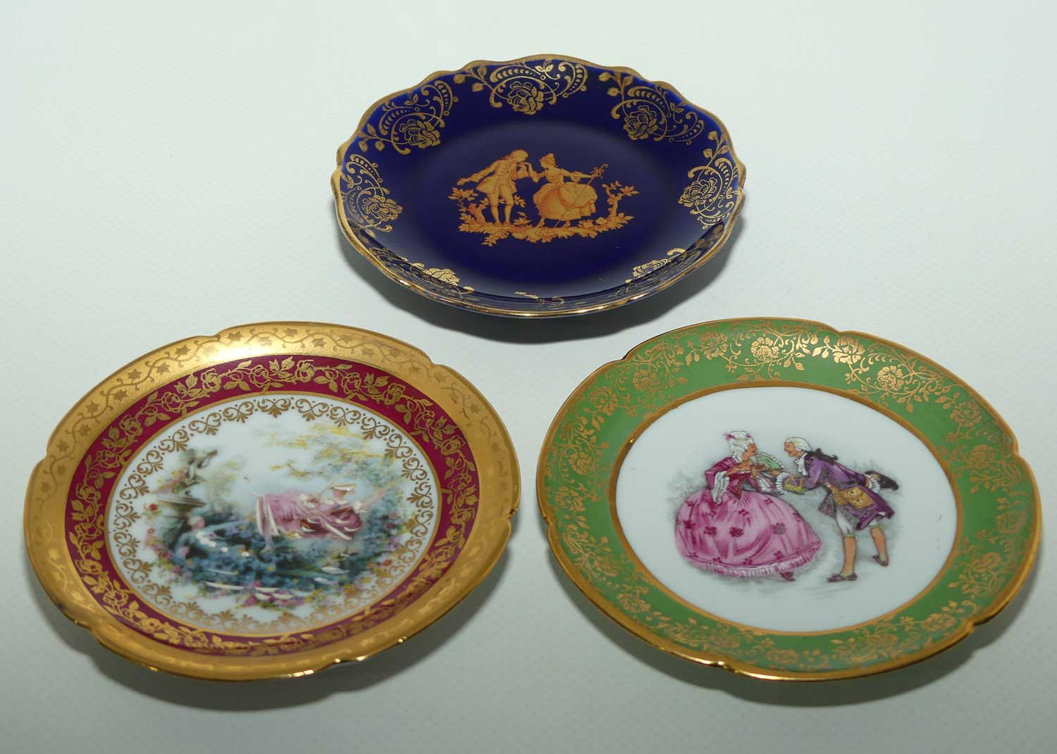 Limoges France small plate collection | 3 items | Green, Blue and Gold and Red | 9.5cms