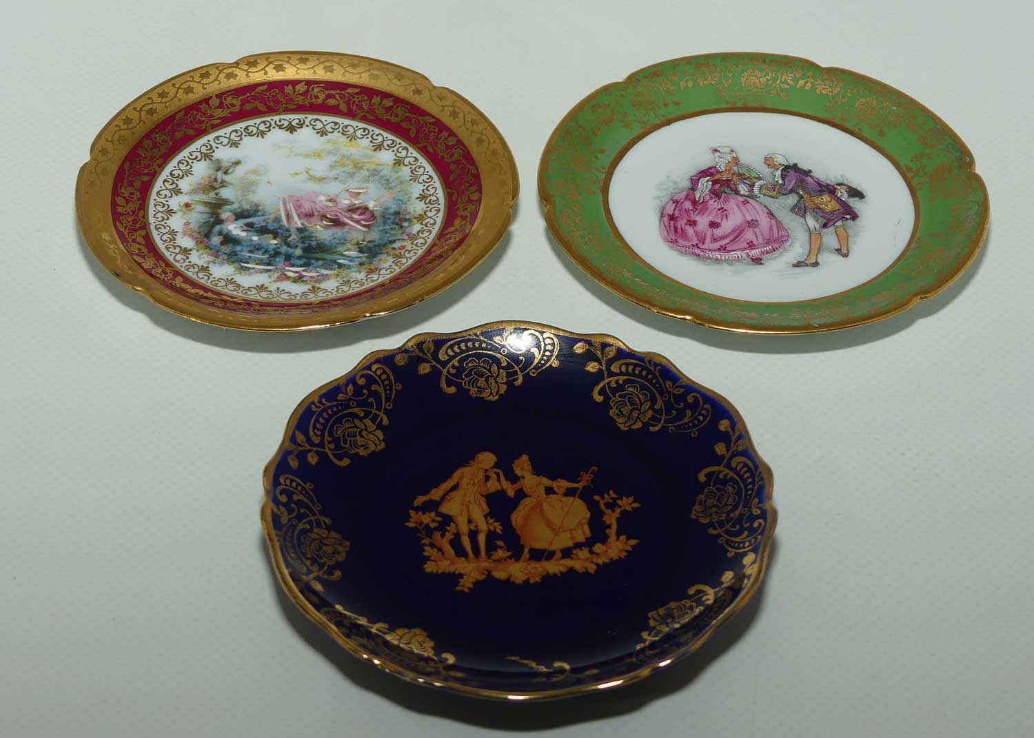 Limoges France small plate collection | 3 items | Green, Blue and Gold and Red | 9.5cms