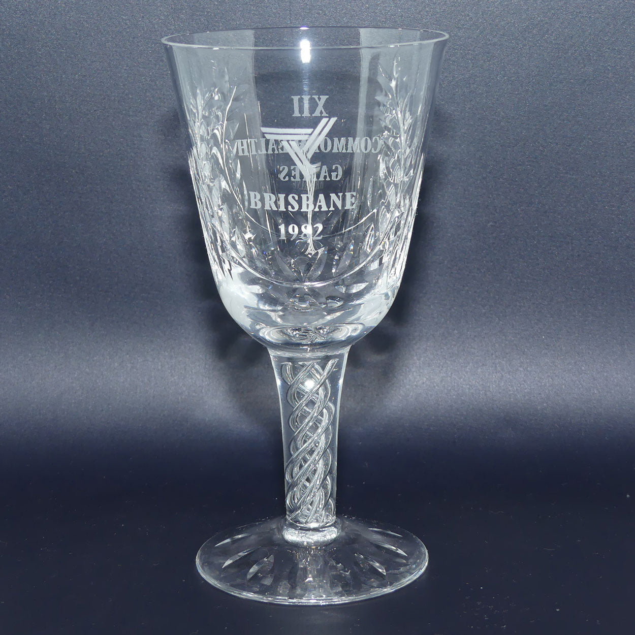 Stuart Crystal England | Commonwealth Games Brisbane 1982 Air Twist stem goblet + Certificate