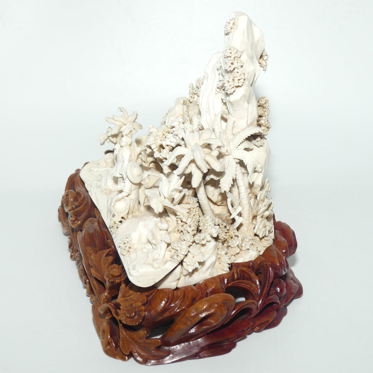 Magnificent Chinese Carved Ivory complex figure of Fishing Village on ornate wooden display stand