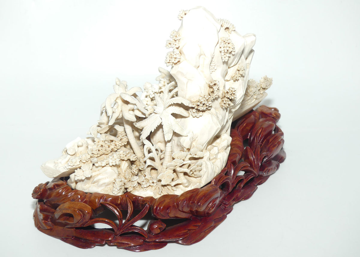 Magnificent Chinese Carved Ivory complex figure of Fishing Village on ornate wooden display stand