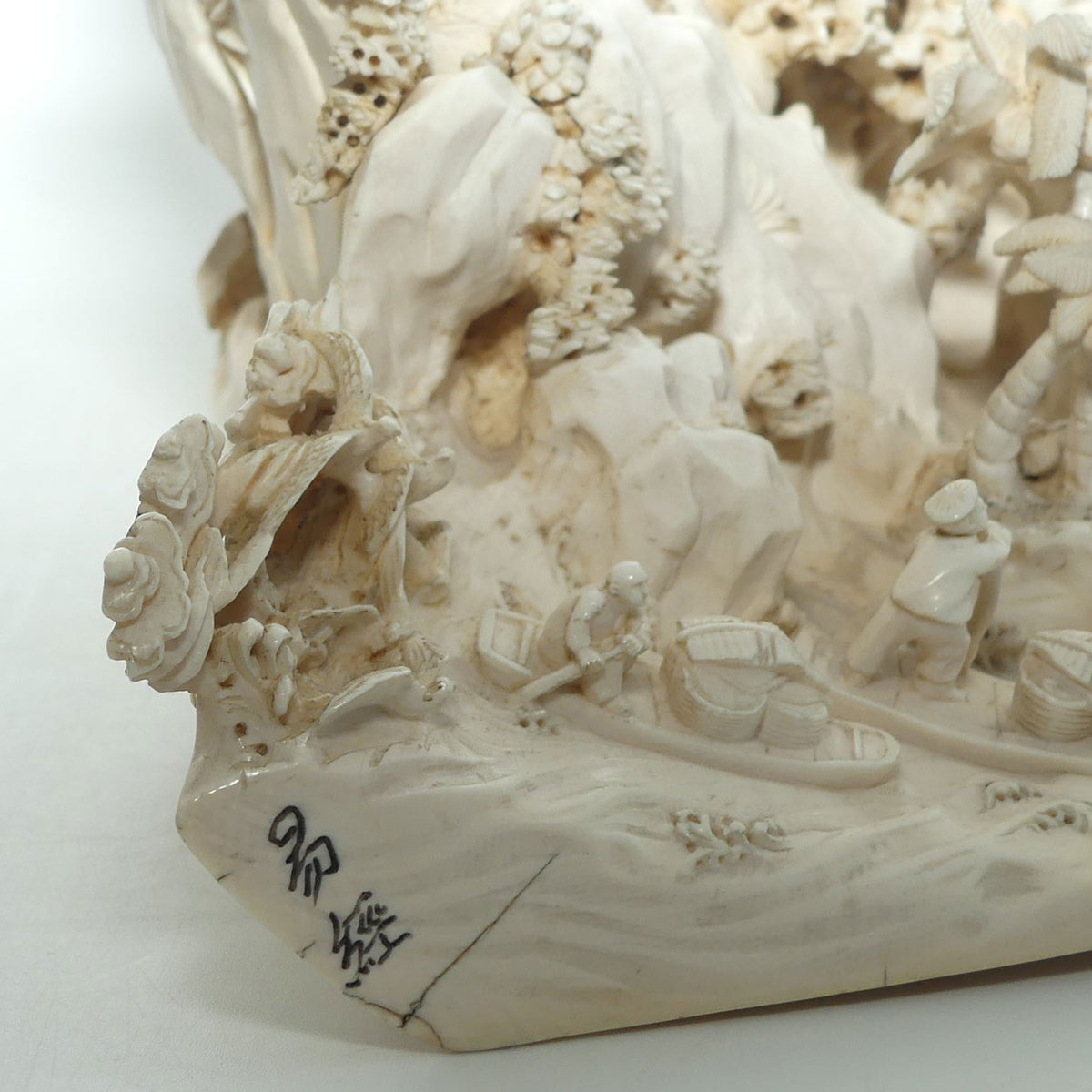 Magnificent Chinese Carved Ivory complex figure of Fishing Village on ornate wooden display stand