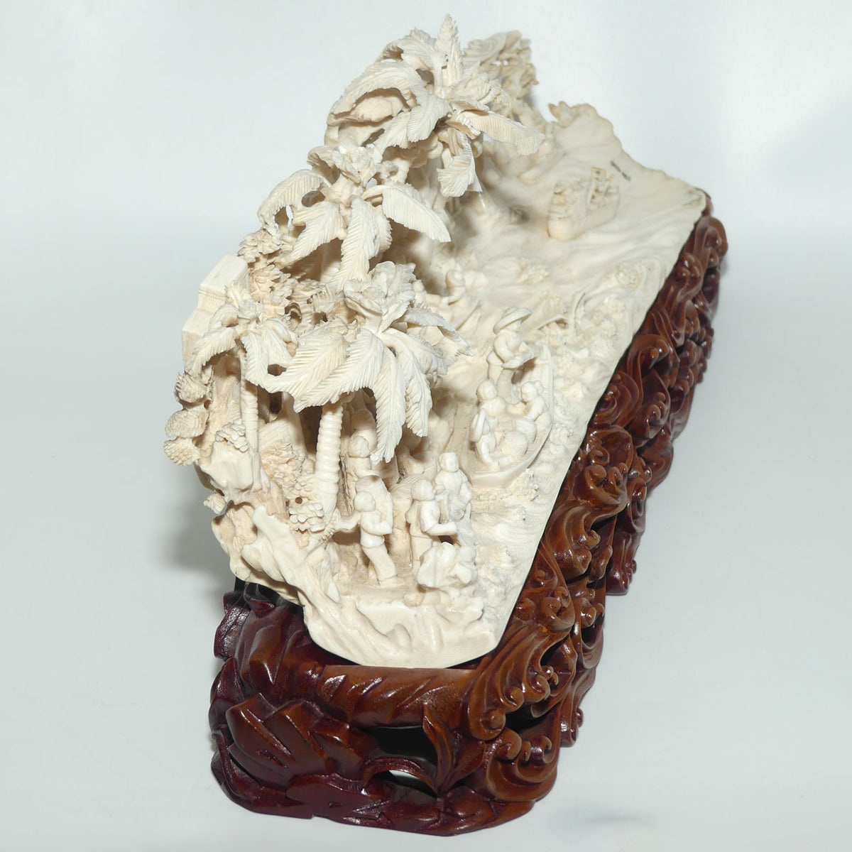 Magnificent Chinese Carved Ivory complex figure of Fishing Village on ornate wooden display stand | 42cm long