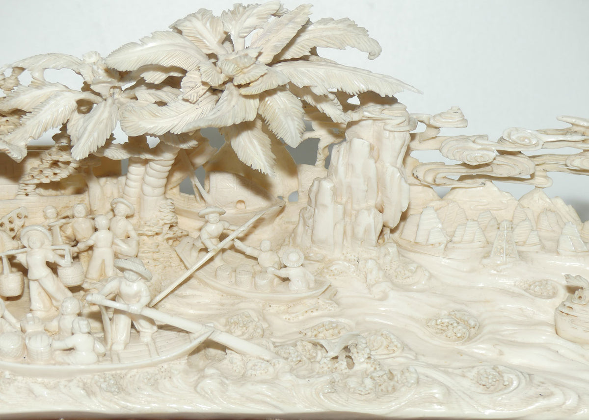 Magnificent Chinese Carved Ivory complex figure of Fishing Village on ornate wooden display stand | 42cm long